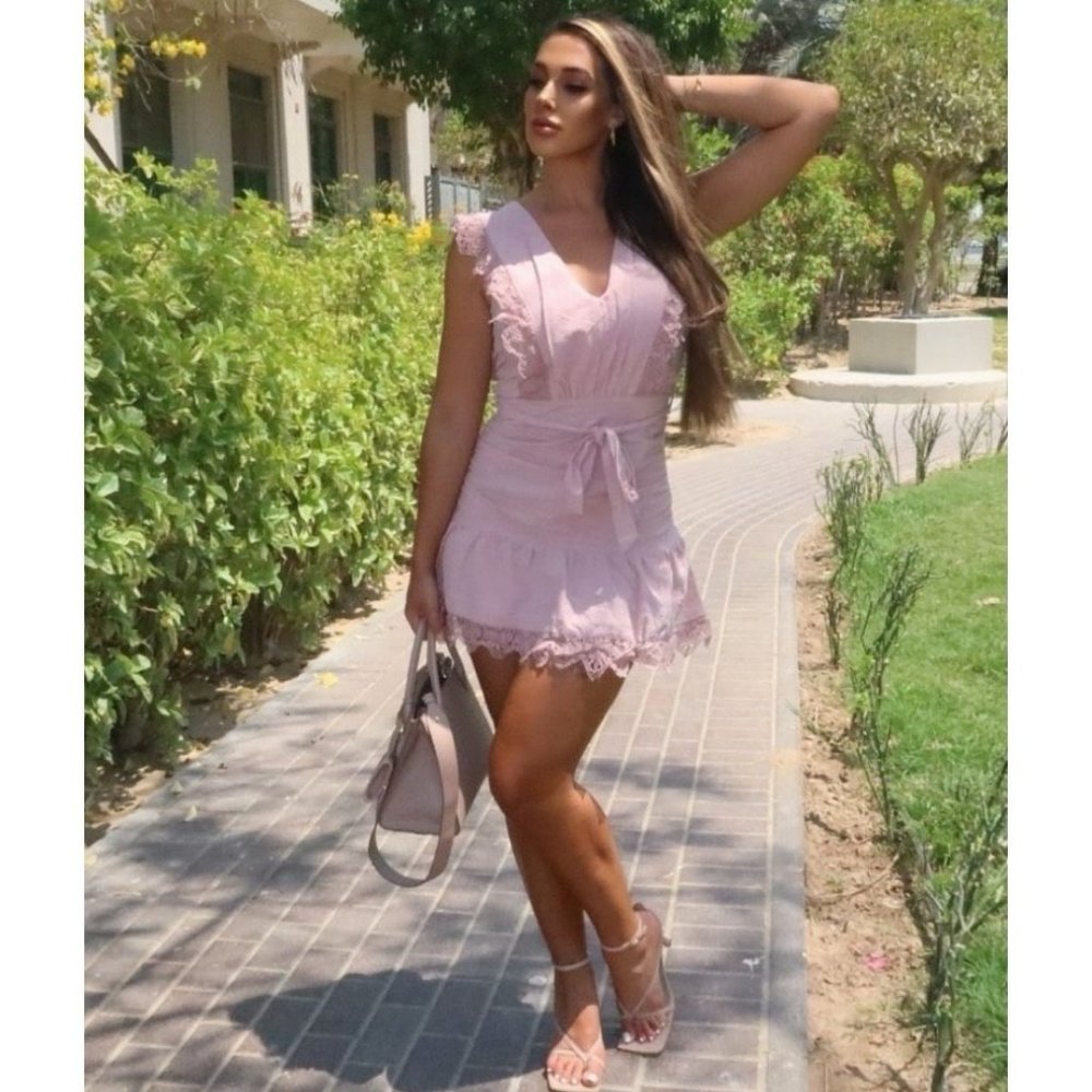 Pink Sleeveless Lace Trim V-Neck Open Back Mini Dress - Picture 13 of 16